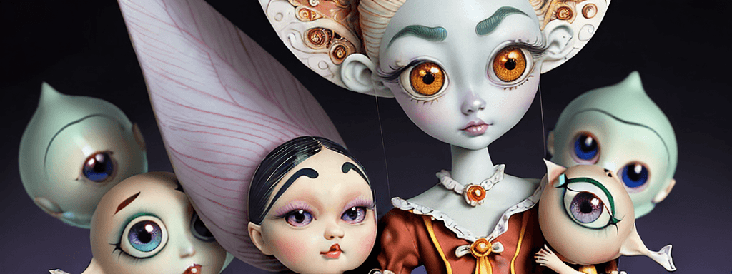 AI generated: 25 beautiful dolls ,Fairytale art by Mary Blair, Naoto Hattori, Tim Burton. Insanely detailed portra...