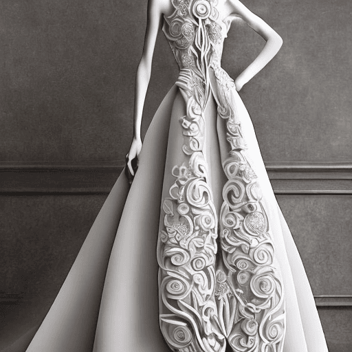 AI generated: Craft a high-fashion wedding dress seamlessly merging the elegance of Chantilly, with the contempora...