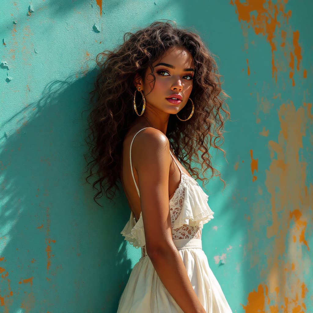 AI generated: A digital painting of a young latina woman with curly brown hair in a lacy white dress, standing aga...