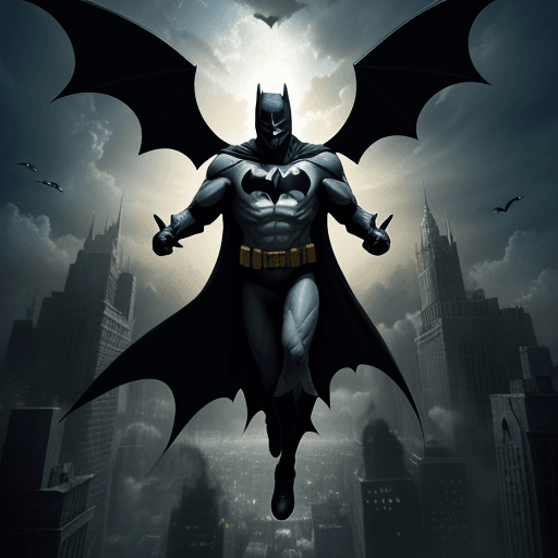 AI generated: batman ascending into heaven after his death with God waiting for him at the heavenly gates. 
