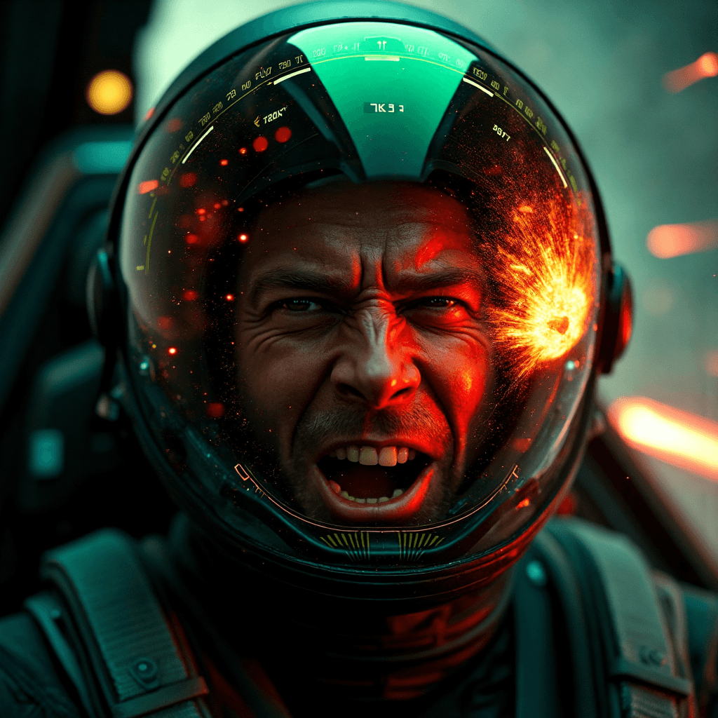 AI generated: A head-on, close-up of a starfighter pilot mid-battle, dynamically framed to emphasize motion and in...