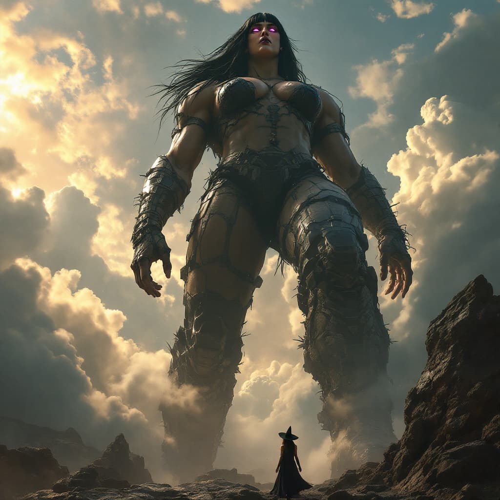 AI generated: enormous giantess female Rhea Ripley from WWE with black medium length hair and straight bangs, bigg...
