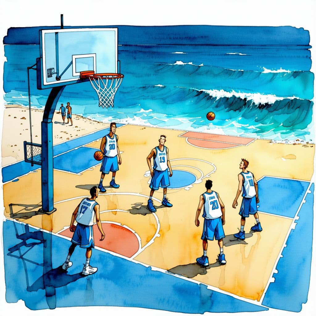 AI generated: In the style of illustrator Quentin Blake, a basketball team with white and blue player gear playing...