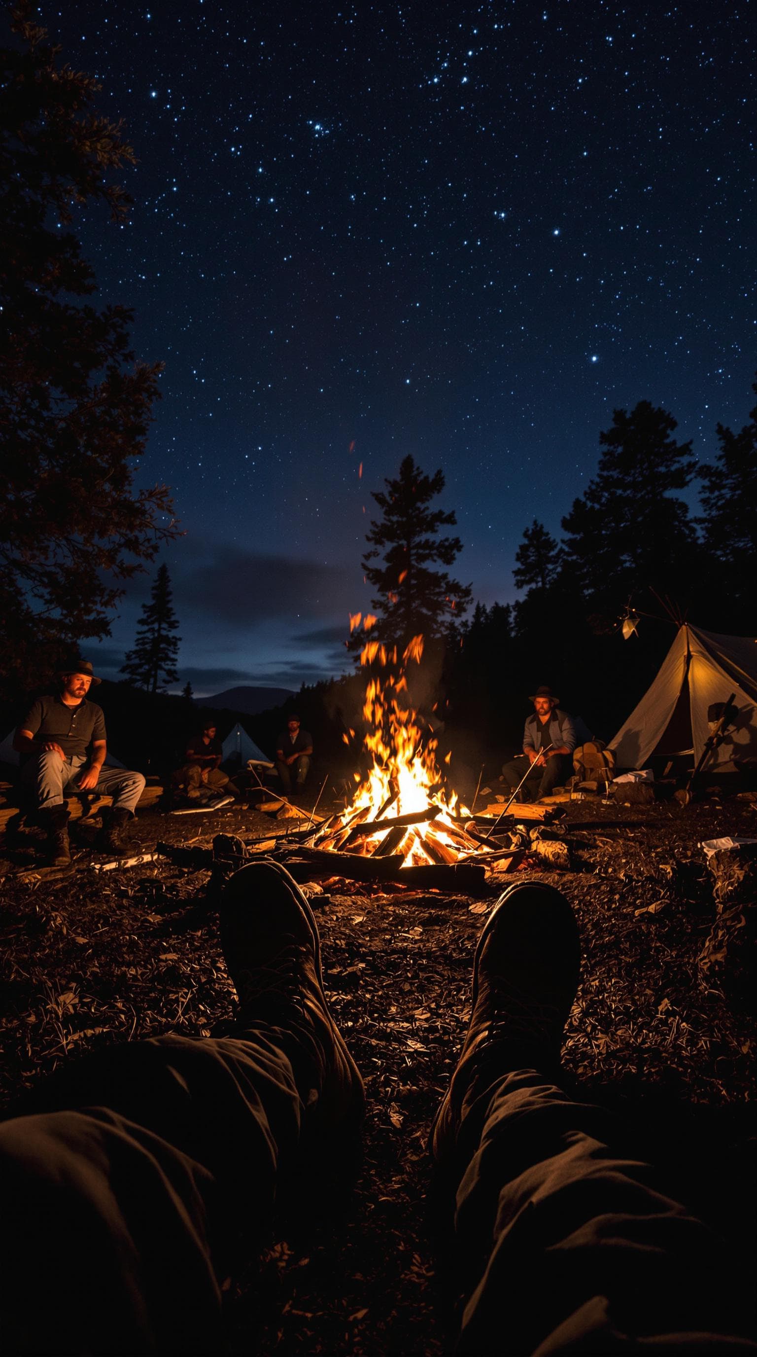 AI generated: first person POV, muddy boots extended towards campfire, sitting on log, other prospectors around fi...