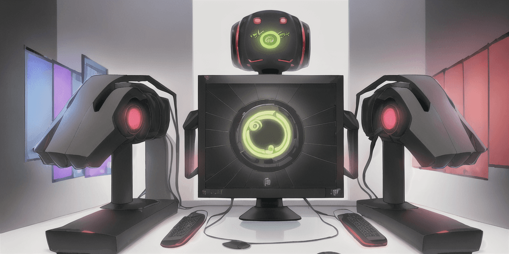 AI generated: In the background there are personal computers, different pc components. In the image there is only ...
