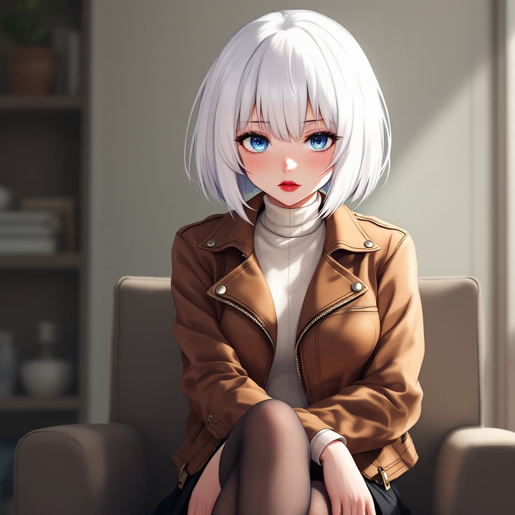 AI generated: anime, woman, white hair, bob cut, blue eyes, freckles, red lips, bored expression, brown leather ja...