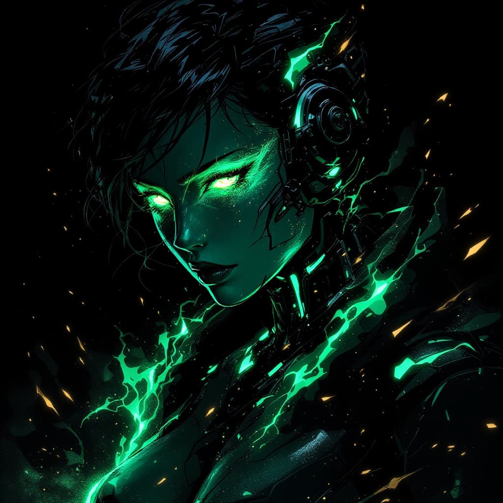 AI generated: female cyborg, dark background, light souls style, full body shot, anime, fire in eyes, metal gear s...