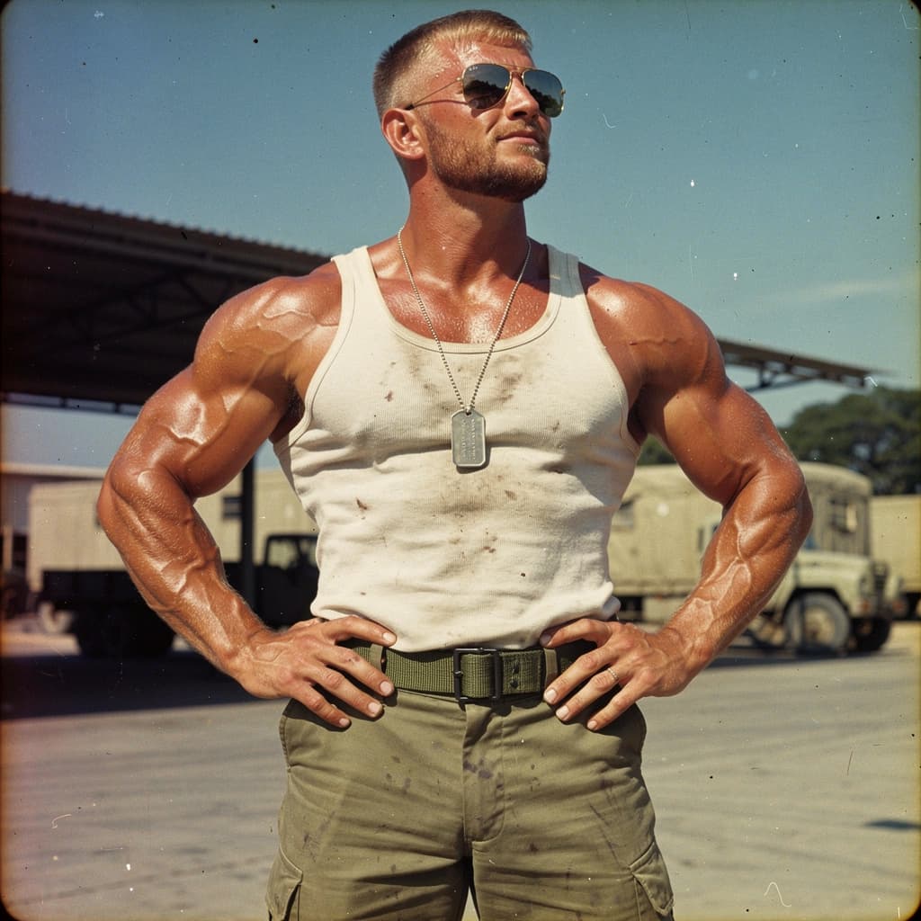 AI generated: Vintage color photograph 1970 Vietnam War US GI off-duty confident pose, muscular athletic young sol...