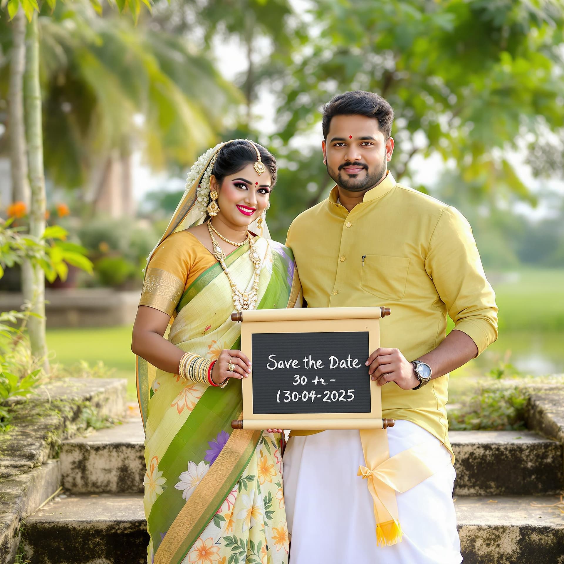AI generated: Create a beautiful image of a bride dressed in a traditional Kerala saree and a groom in a mundu &am...