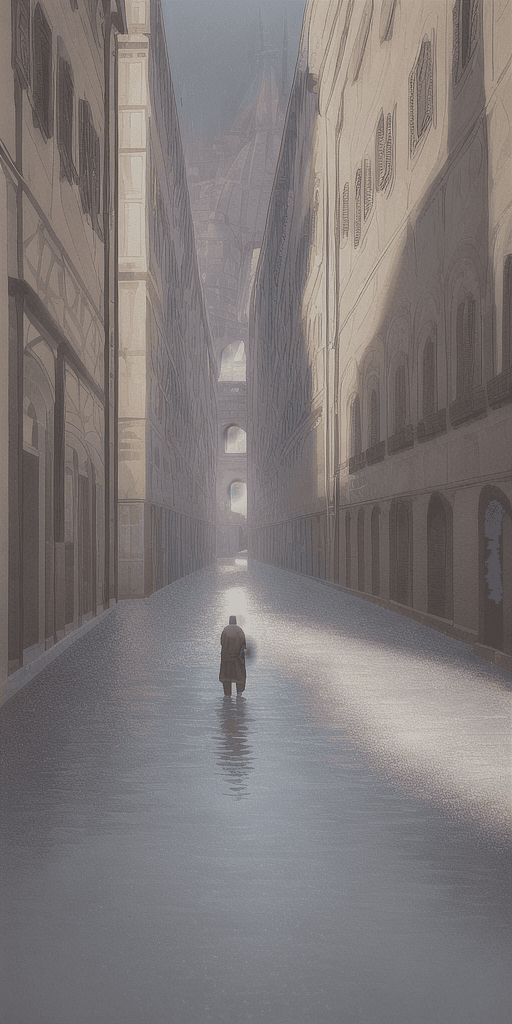 AI generated: A man is walking in Florence next to a river while a bird is approaching, intricate artwork . octane...