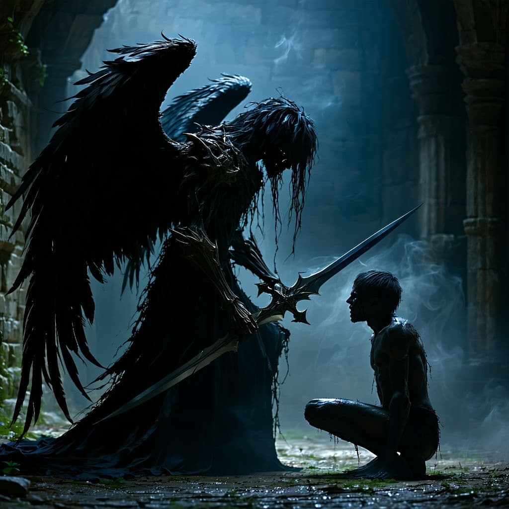 AI generated: A dark and macabre 9 by 21 portrait depicting a side-view of a twisted, abominable dark angel with w...