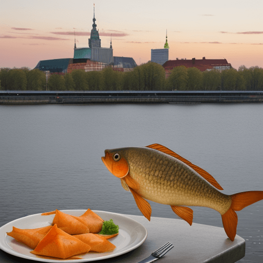 AI generated: crucian carps standing on the ground eating stool from the plate. Warsaw skyline in the background
