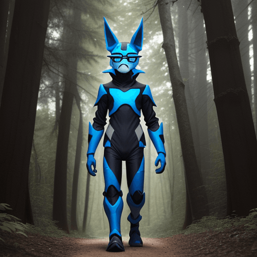 AI generated: a 14 year old boy with glasses walking in the woods with a 6 ft tall blue protogen 
