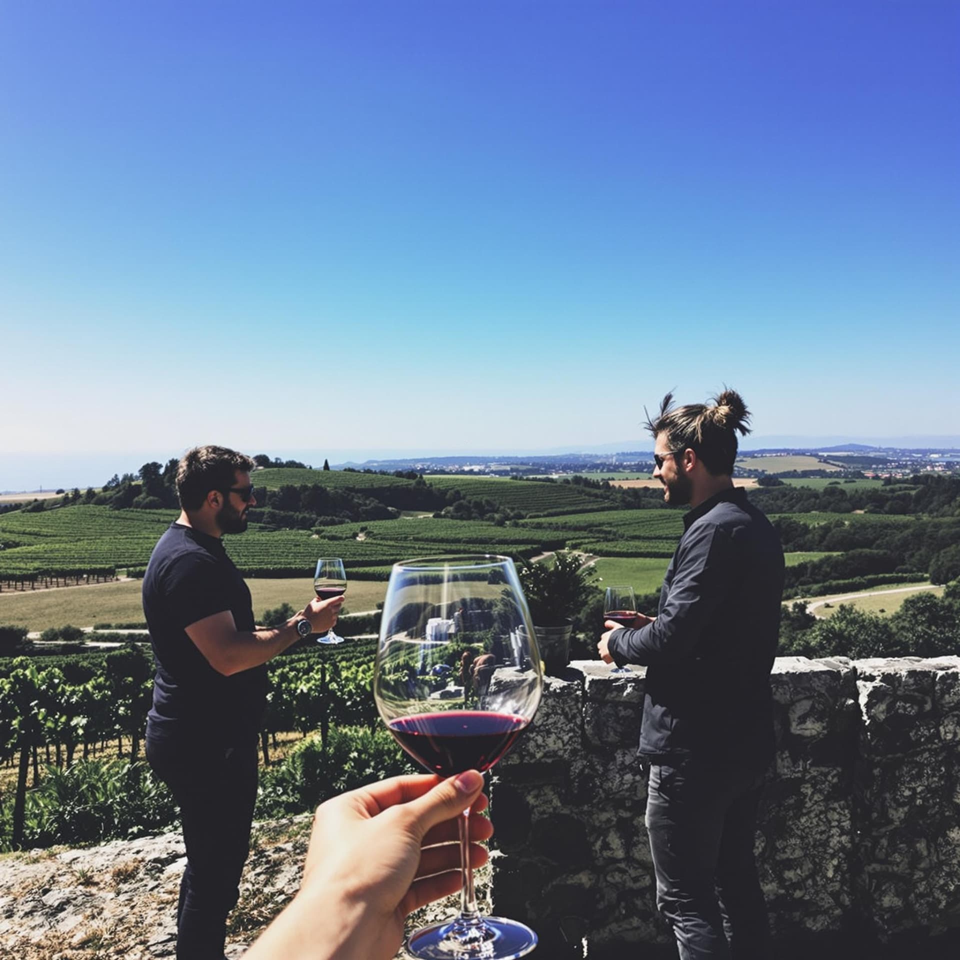 AI generated: fujifilm, wine tasting in portugal, team building, happy group, startup retreat