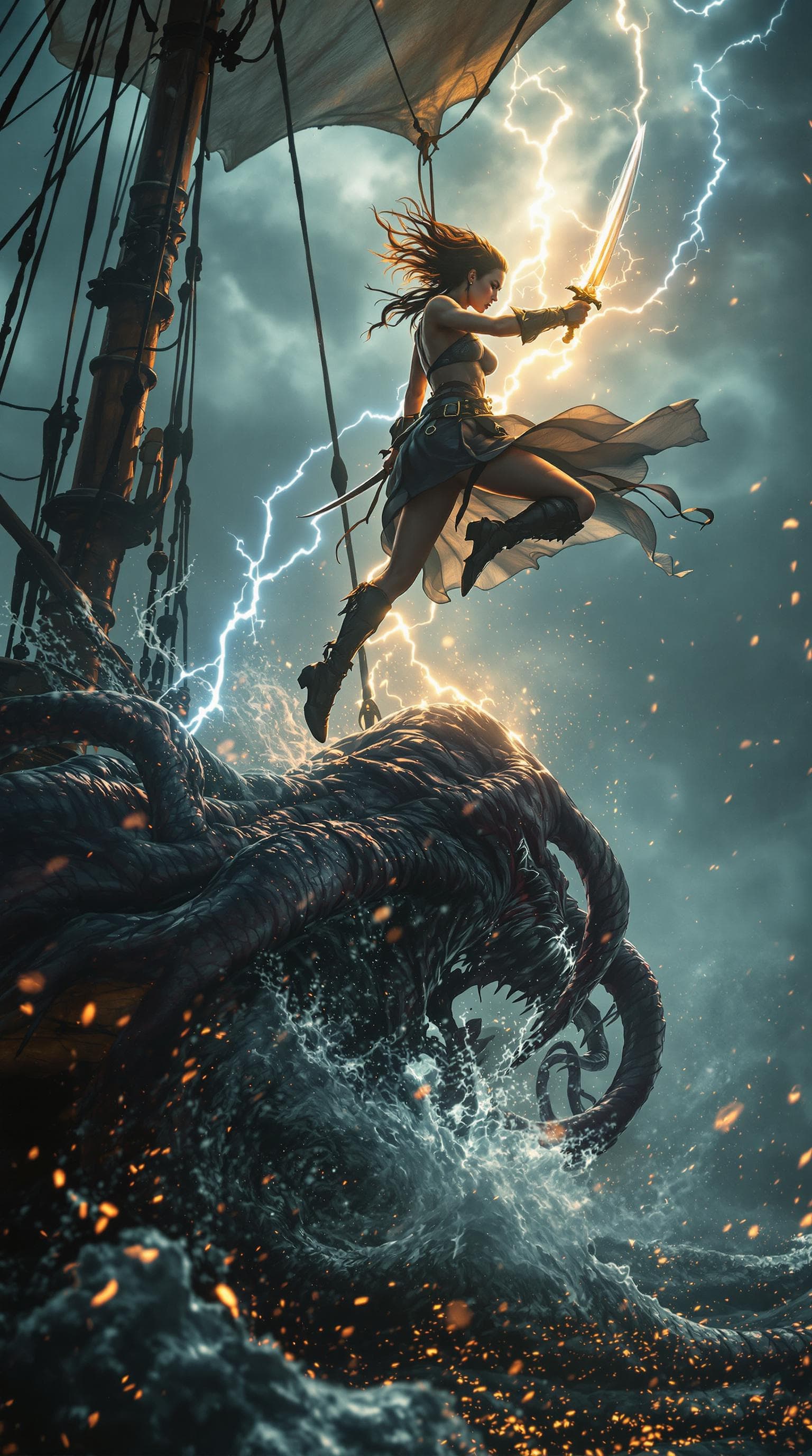 AI generated: Movie quality Side view Action scene: Amidst the tempestuous Caribbean sea, a beautiful but fierce a...