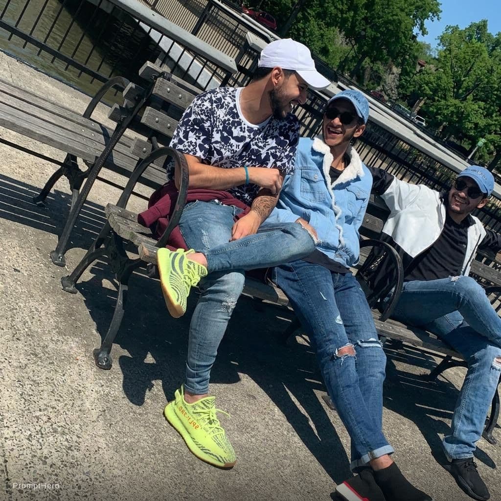 AI generated: The person who is on the left side change his shoes to be the uploaded shoes