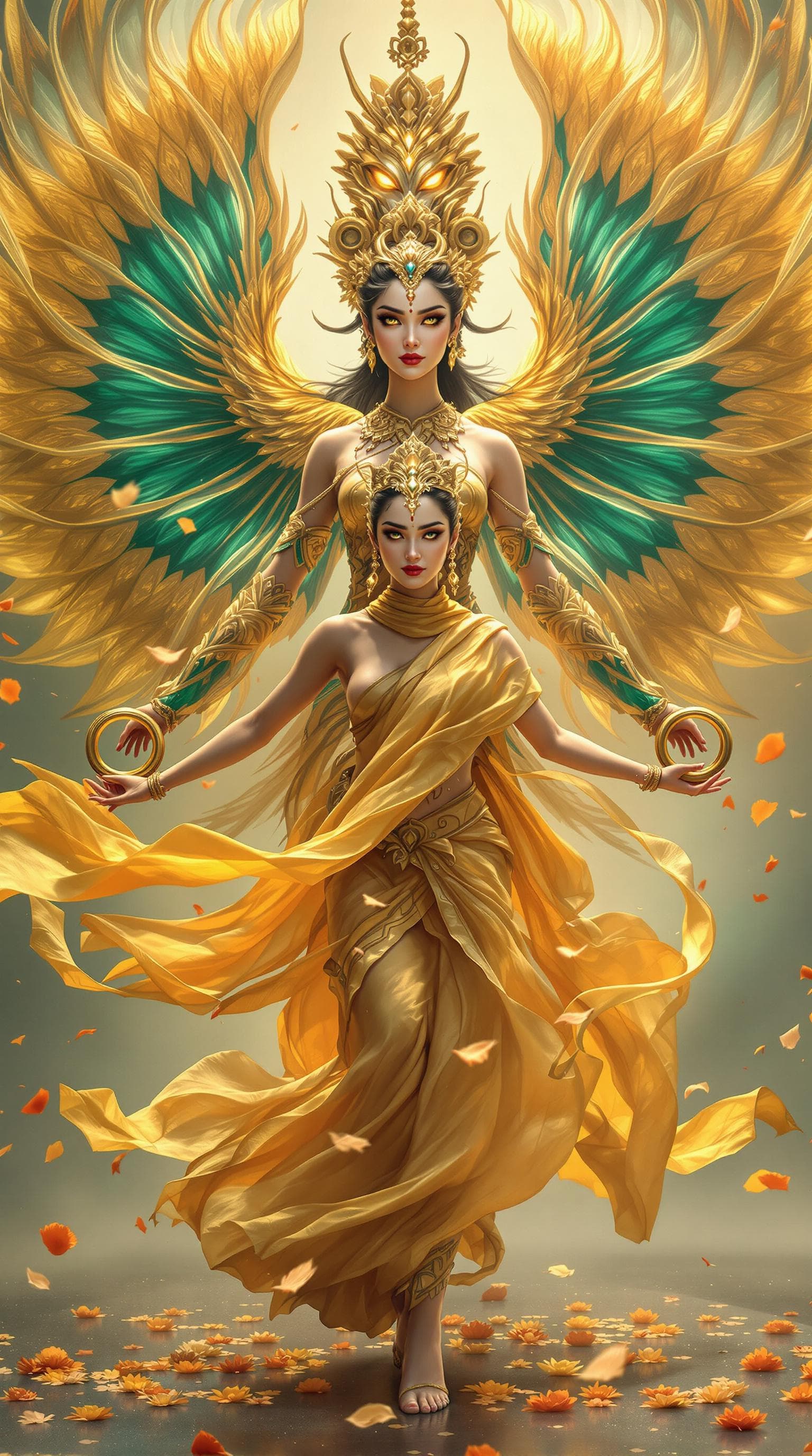 AI generated: An ultra-realistic, wide angle, front facing, full-body portrait of a mesmerizing Dancer in golden t...