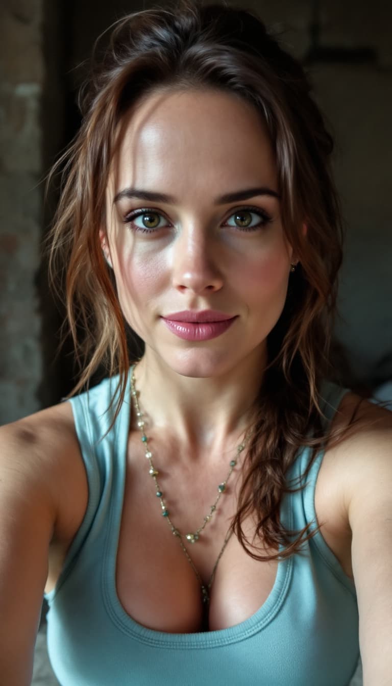 AI generated: Hayley Atwell, Tomb Raider 2013,shot on a iPhone selfie photo, light blue tank tshirt 