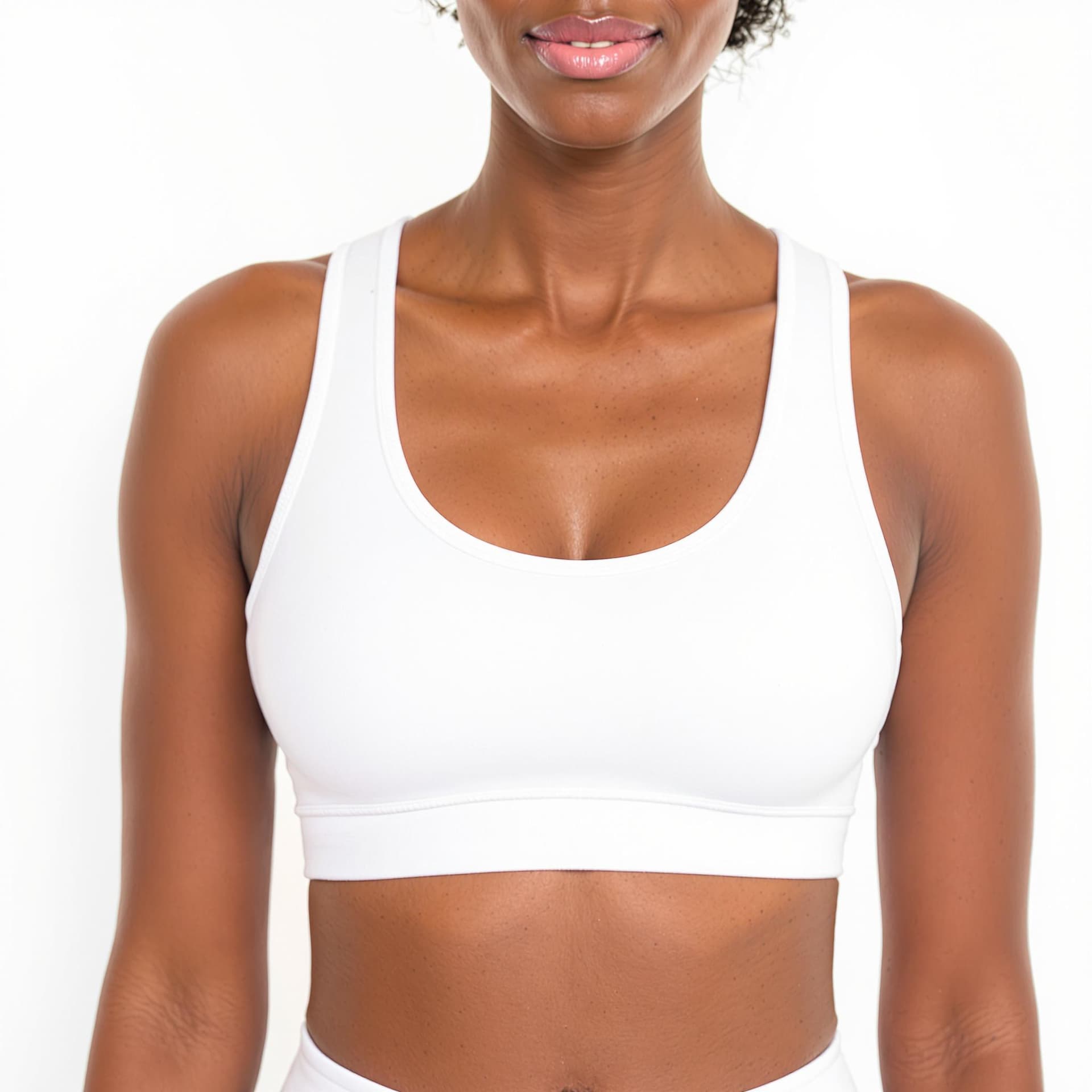 AI generated: a black woman wearing white sports bra and matching leggings. The backdrop is white.