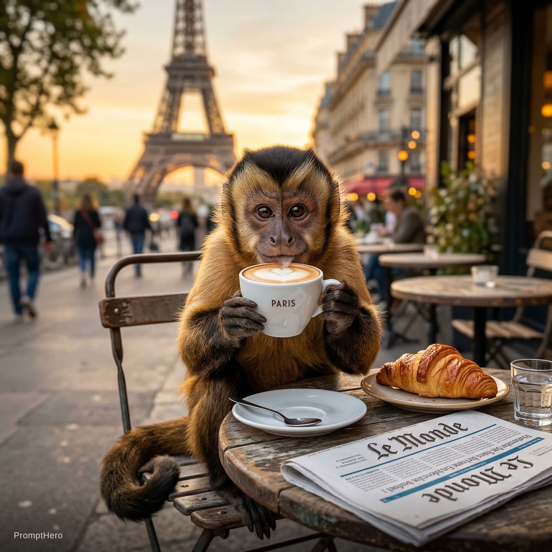 AI generated: A monkey sipping a cappuccino in Paris, close-up portrait, sitting at an outdoor café table, looking...