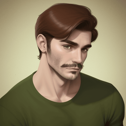 AI generated: dog brown mistery detective and friend with brown hair and green t-shirt and 3 hairs on his chin