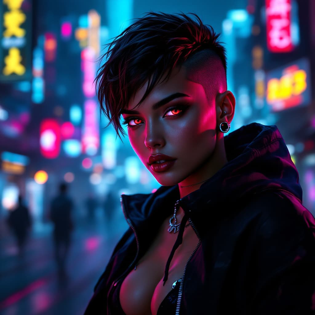 AI generated: A Hyper-Realistic book cover of a beautiful cyberpunk Cuban female vampire hacker with golden tanned...