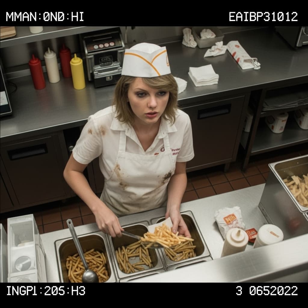 AI generated: The Taylor Swift (Wage Cage):
"CCTV footage of Taylor Swift working behind the counter at a greasy f...