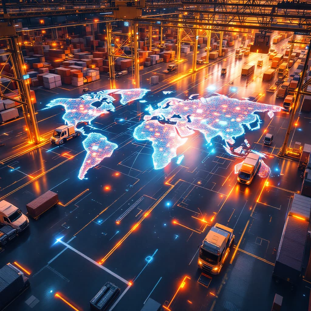 AI generated: /imagine prompt: AI-optimized global logistics hub, autonomous vehicles moving containers with milli...