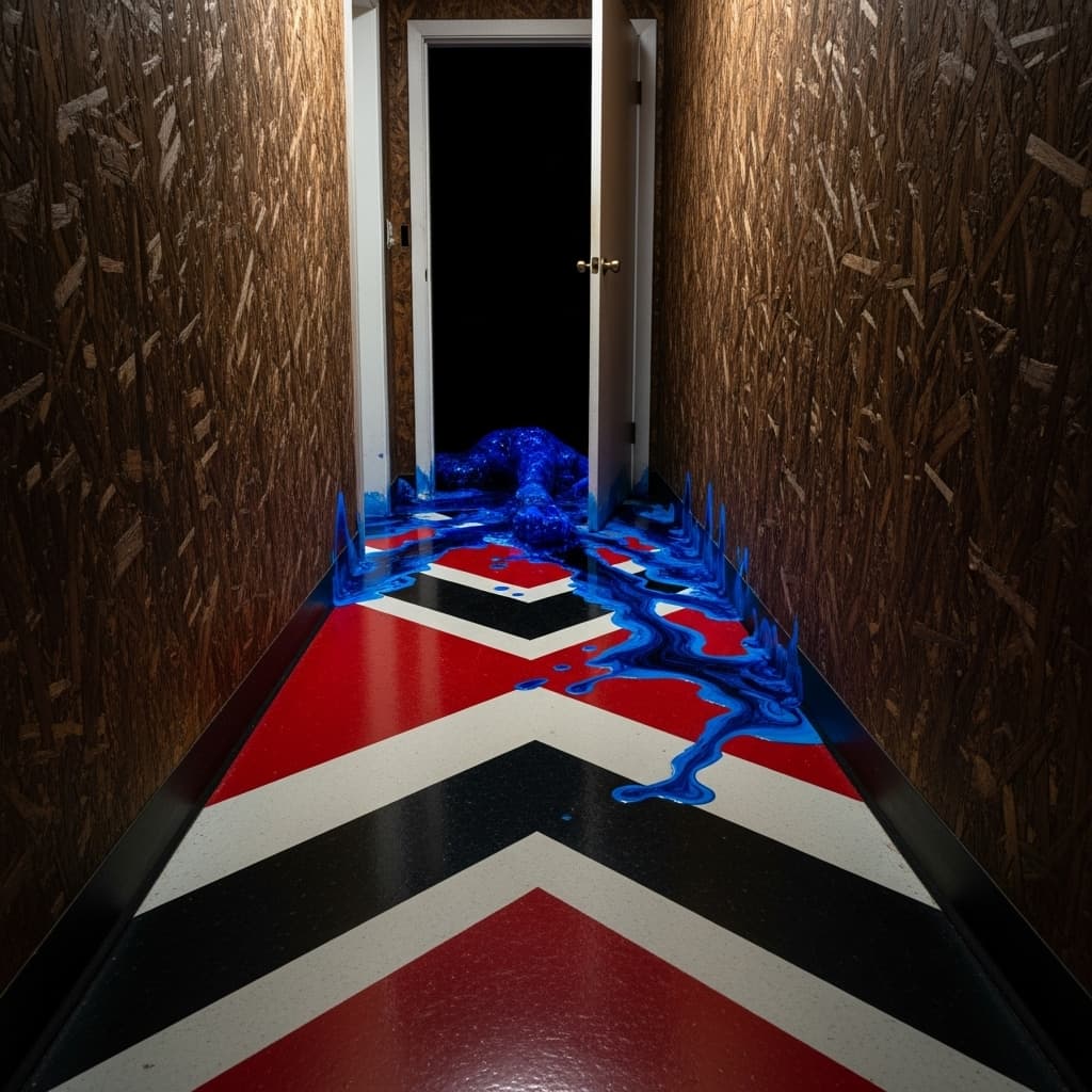 AI generated: Composition:

Distorted Perspective: A fisheye or forced perspective looking down a narrow, oppres...