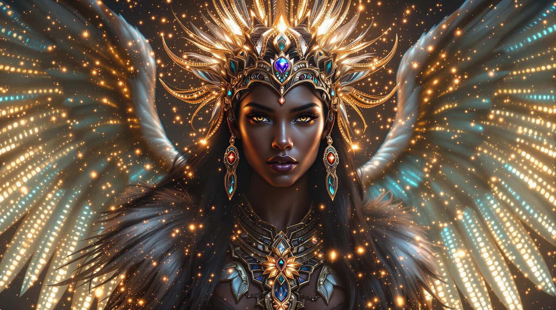 AI generated:   archangel characters, including one with beautiful, dark American Native skin, adorned with intric...