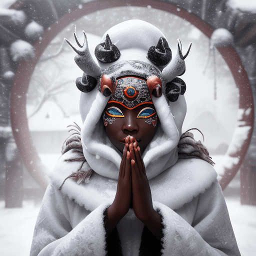 AI generated: DamShelma's art capturing an awe-inspiring lady donning traditional African voodoo mask, encircled b...