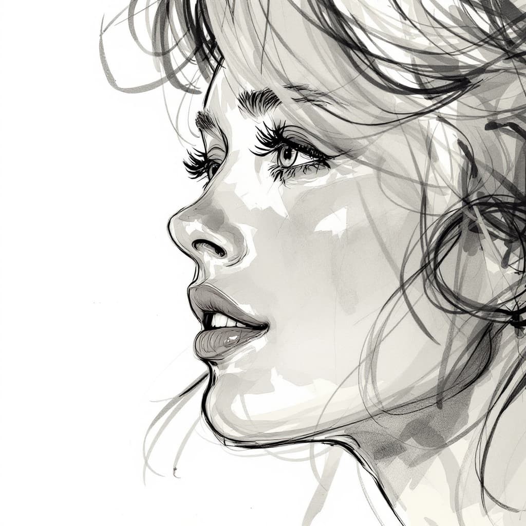 AI generated: lithograph of a beautiful woman, side view, slight smile, white background, dramatic lighting, sketc...