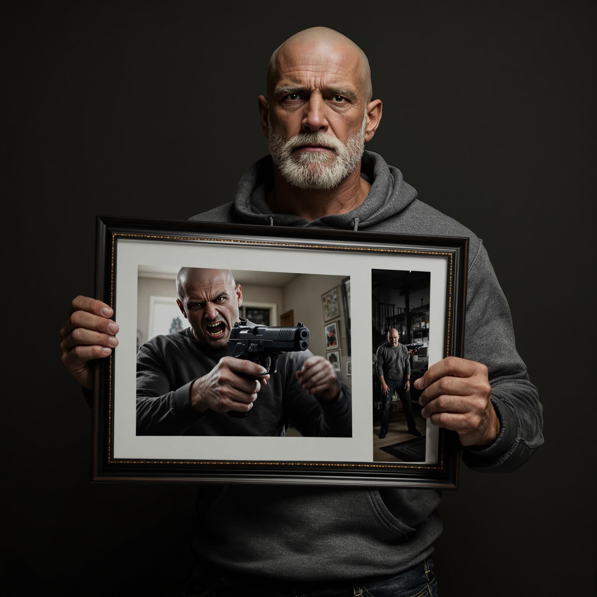 AI generated: Hyper realistic photo of a athletic man in his early 50s. He has a shaved head and white stubble on ...