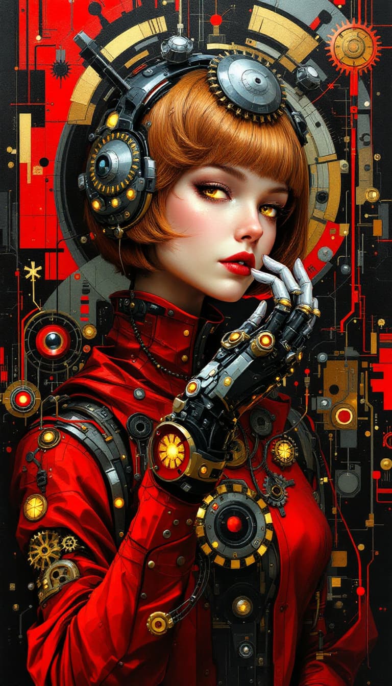 AI generated: "Crimson Automaton in a Clockwork City": A striking abstract painting showcases an automaton, embody...