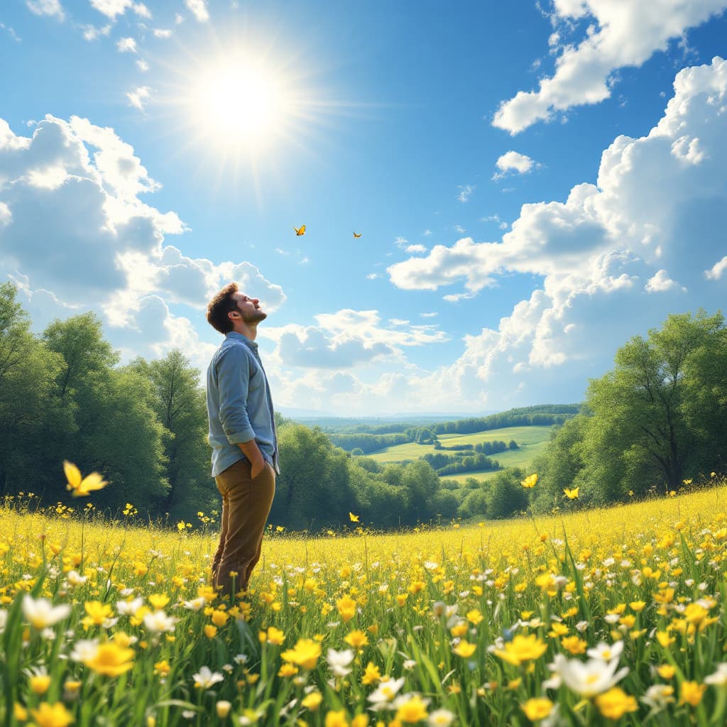 AI generated: "Strahlend helle Frühlingslandschaft, der Betrachter steht auf einer blühenden Wiese, ein dichter Wa...