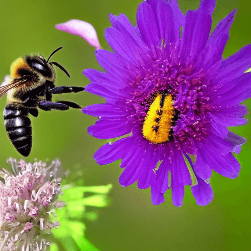 AI generated: A close-up of a purple bee pollinating a flower. The bee is covered in pollen, and its wings are bea...