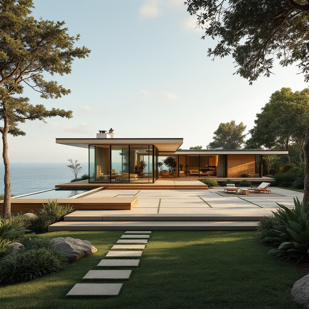 AI generated: Hyper realistic eye level exterior photo of a mid century modern style house overlooking the ocean, ...