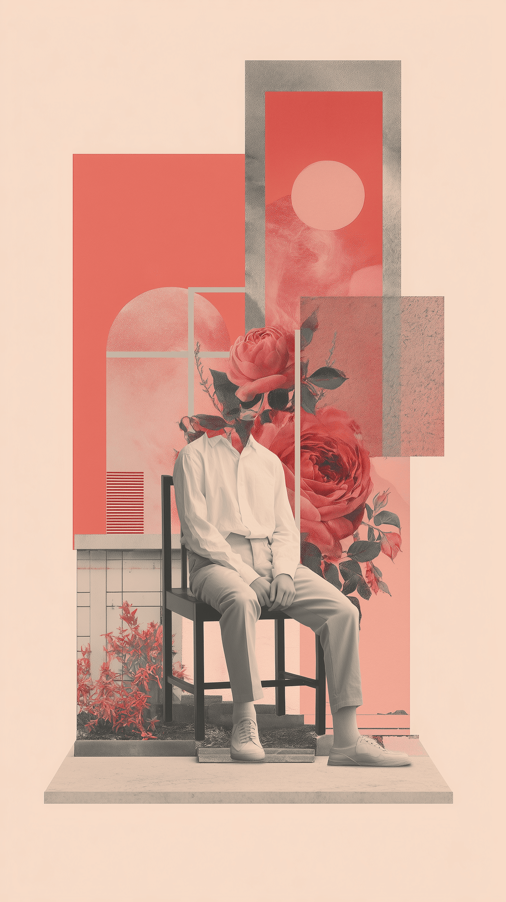 AI generated: surreal collage, boy blooming from a chair, crimson and soft peach, abandoned greenhouse, abstract s...