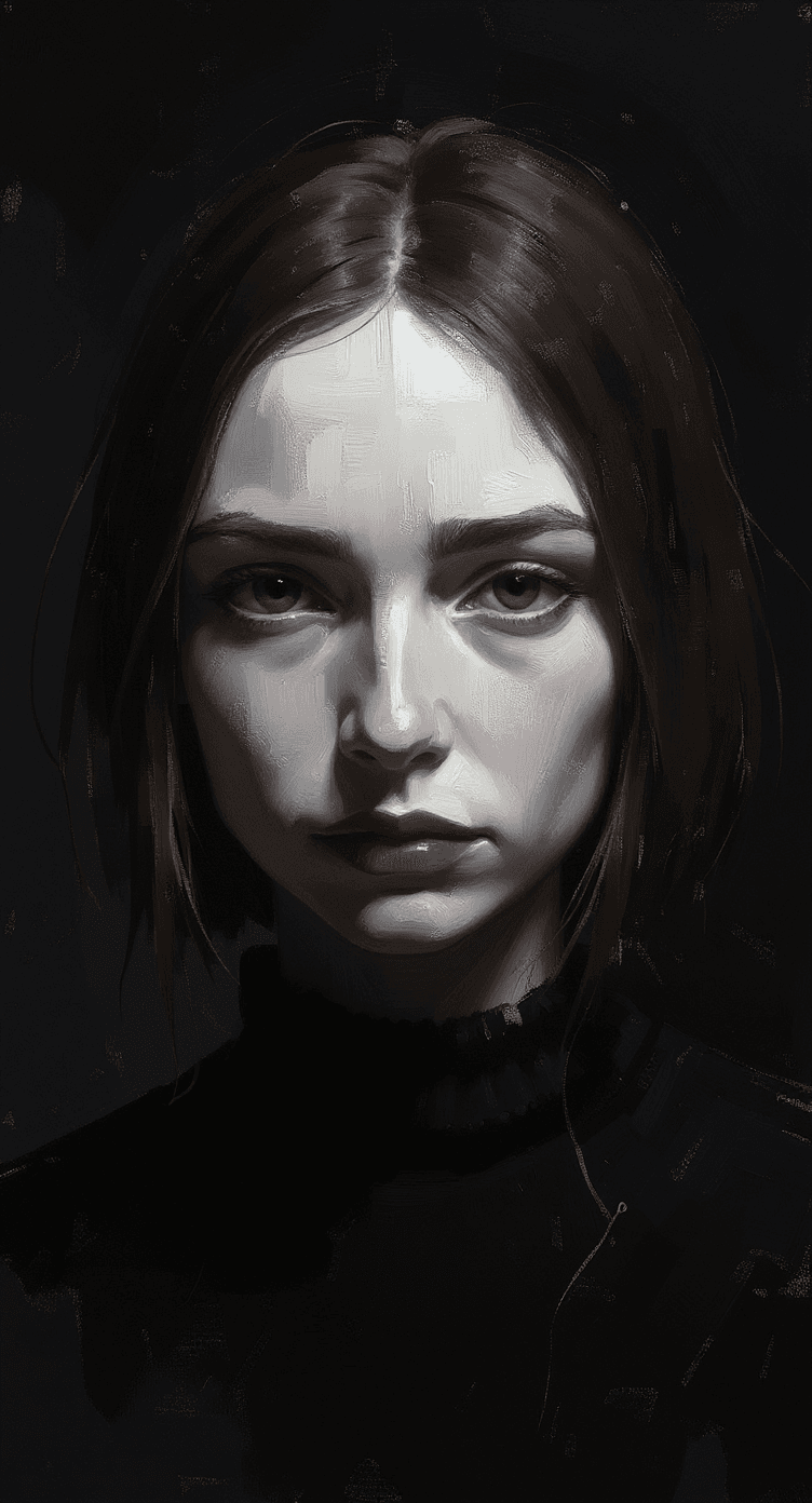 AI generated: artistic, oil painting, face, portrait of girl, empty eyes, grainy touch, minimalist avant-garde, ri...