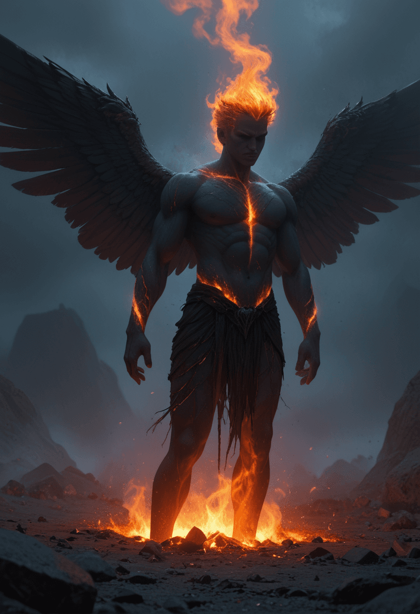 AI generated: powerful,cinematic fantasy artwork depicting a mythic figure ascending in a blaze of divine fire. A ...