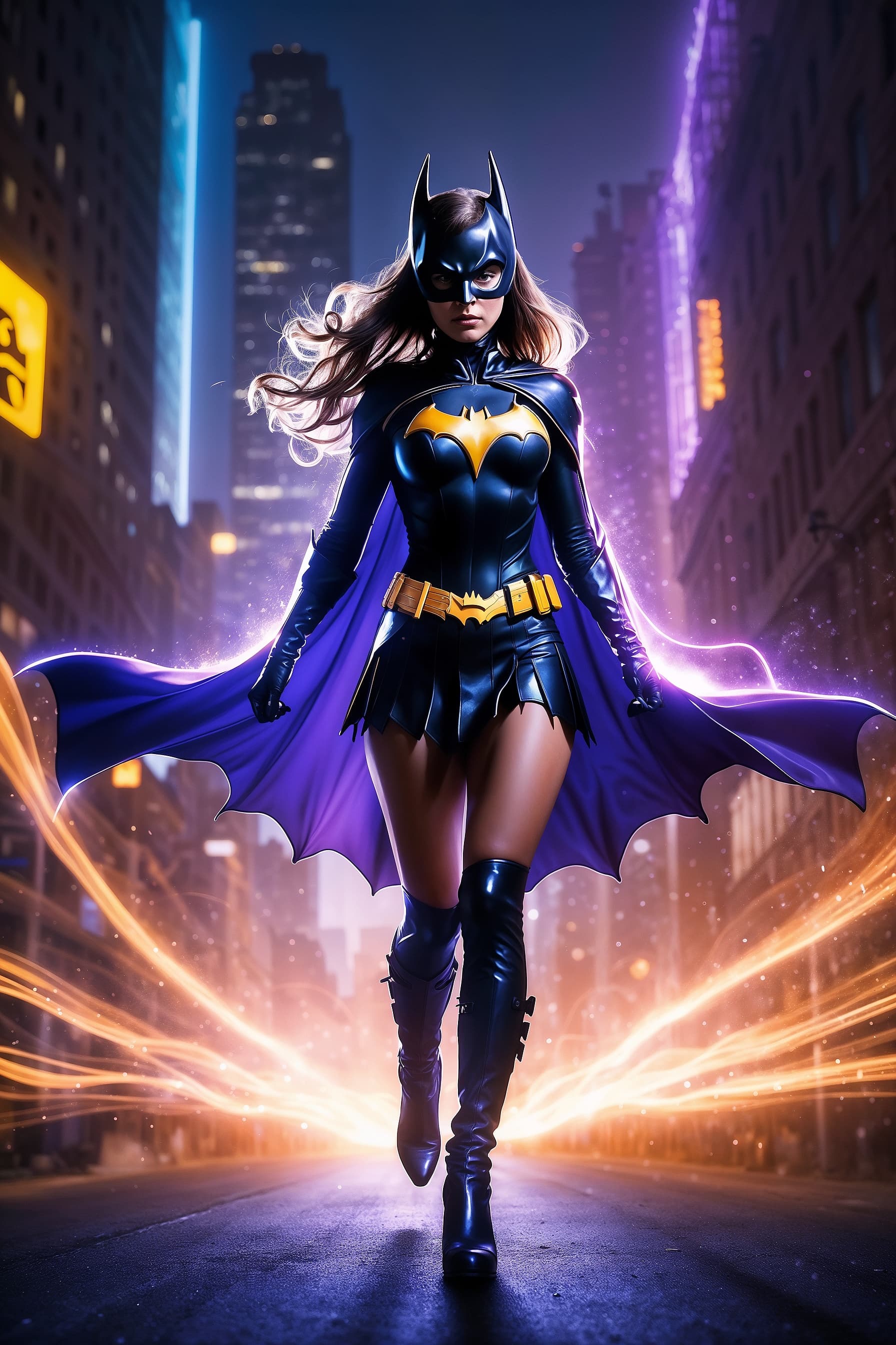 AI generated: ((Long Exposure Photography)) high quality, highly detailed, Batgirl, DC Universe, slim body, long h...