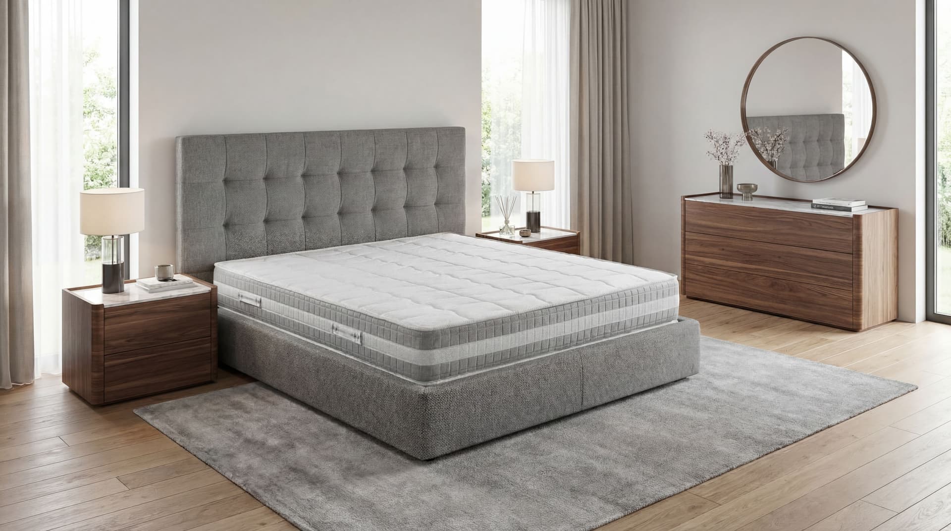 AI generated: Place this mattress on a bed in a modern bedroom with a headboard and furniture 