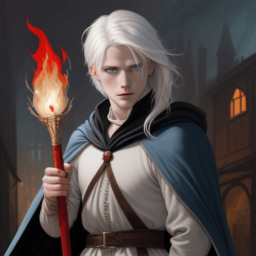 AI generated: medieval comic art book, human, young, white hair, blue eyes, black and red magic cloak, shabby, doi...