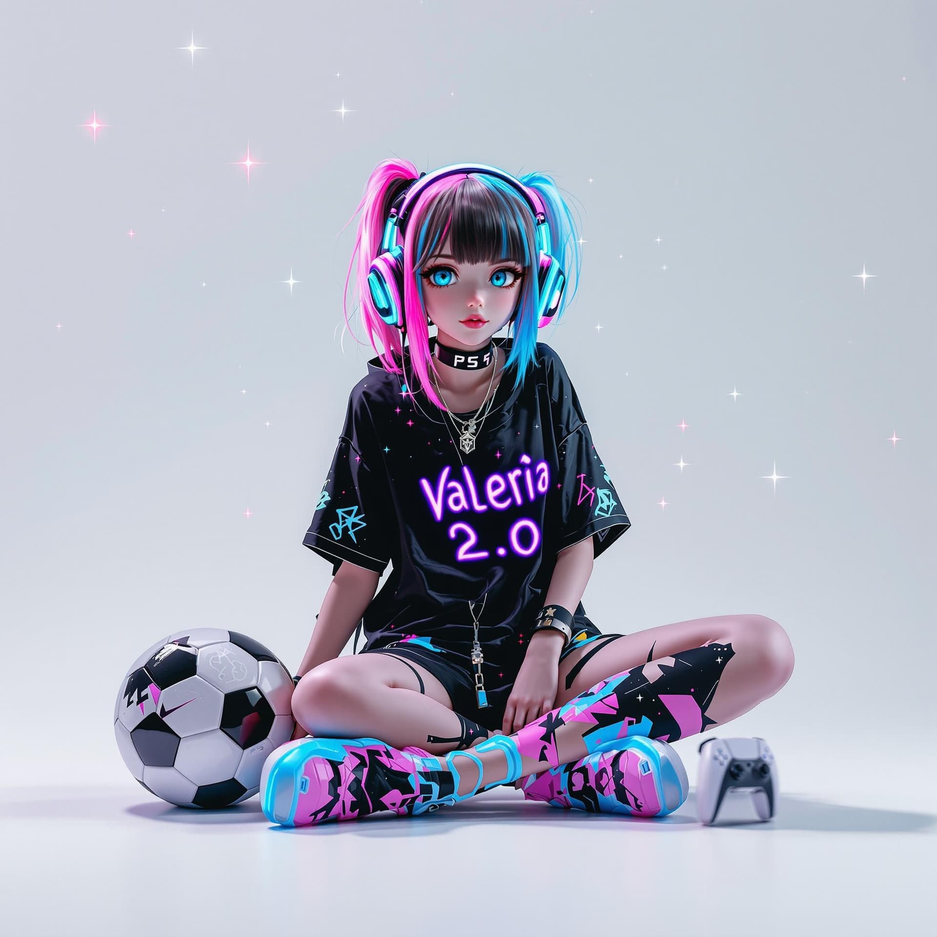 AI generated: Un personaje digital con estética cyberpunk y kawaii, vestido con ropa negra con detalles de neón az...