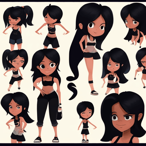 AI generated: ten pose character animation sheet of a young cute flirty badass cool long thin wavy black hair brow...