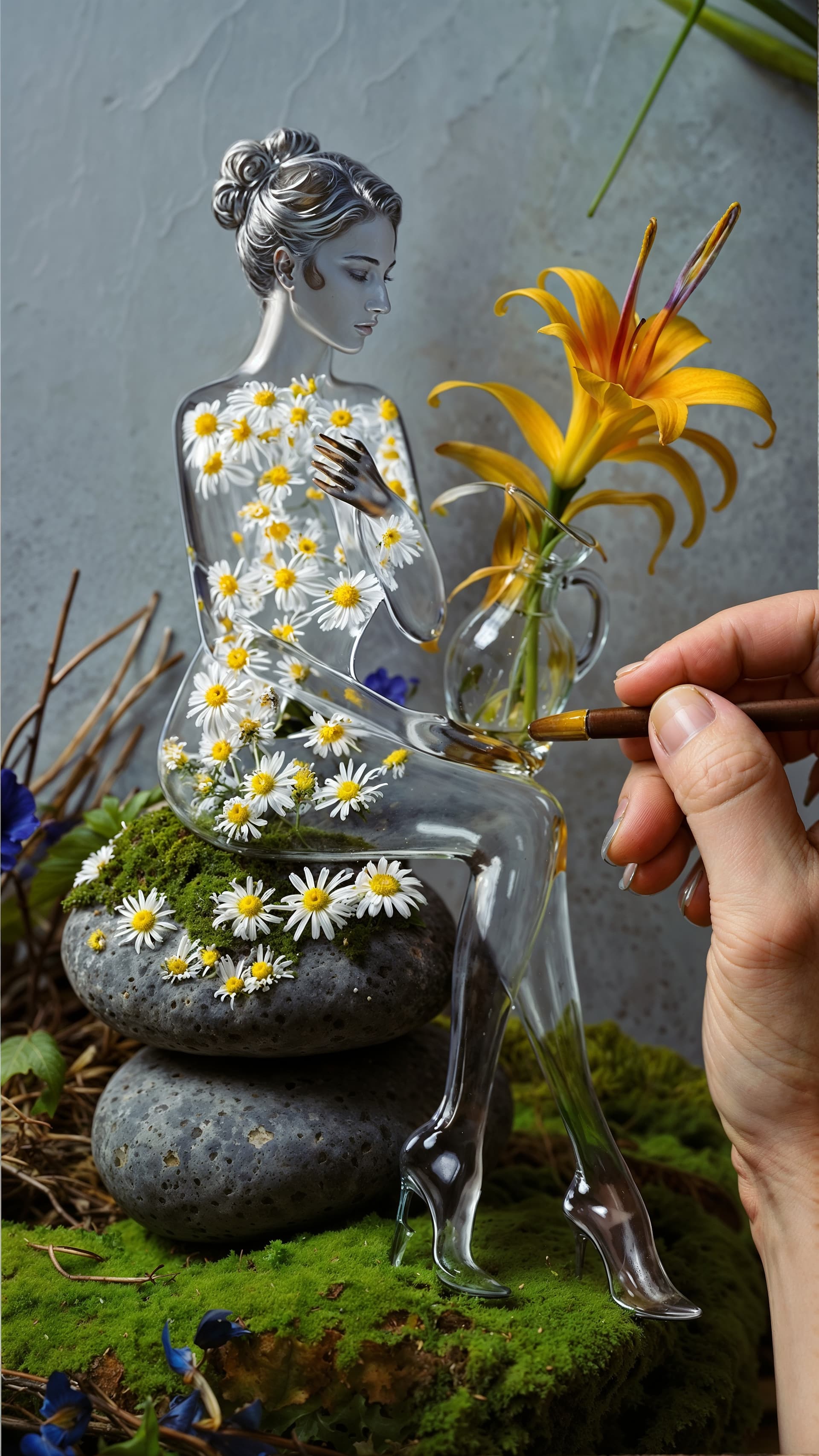 AI generated: A stunning modern art piece featuring a transparent female figure adorned with daisies, seated on a ...