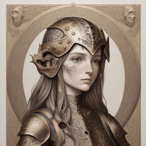 AI generated: a drawing of a woman with a skull helmet on her head, in the style of pinturicchio, dragon art, orna...