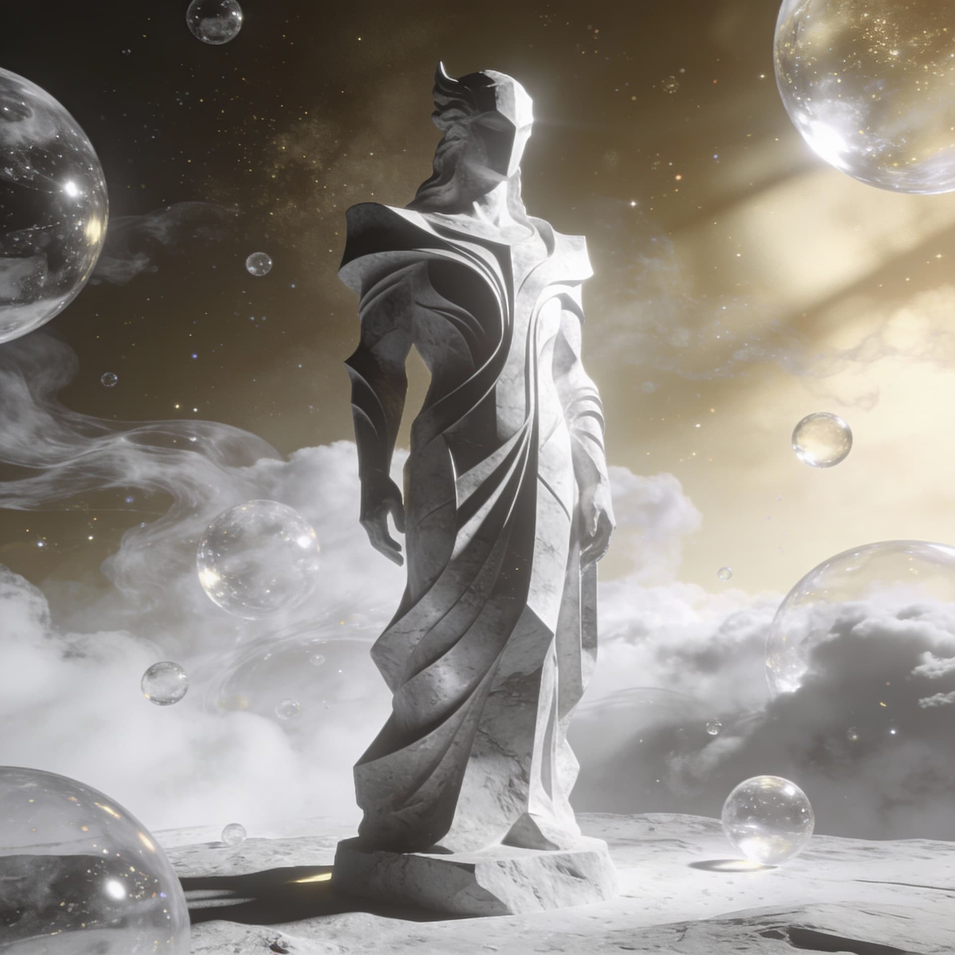 AI generated: a neutral mythic statue empowered by light, a cosmic sentinel in an abstract realm