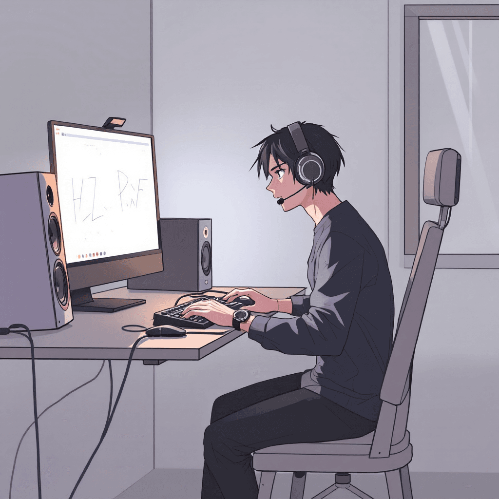 AI generated: speaker, solo, 1boy, computer, indoors, desk, male focus, chair, headphones, monitor, sitting, cable...