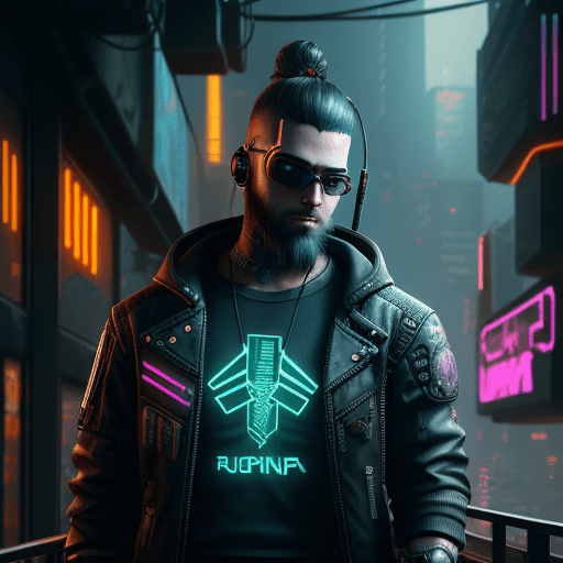 AI generated: young, short beard,cyberpunk hacker, in a cyberpunk city, highly textured, highly detailed, highly r...